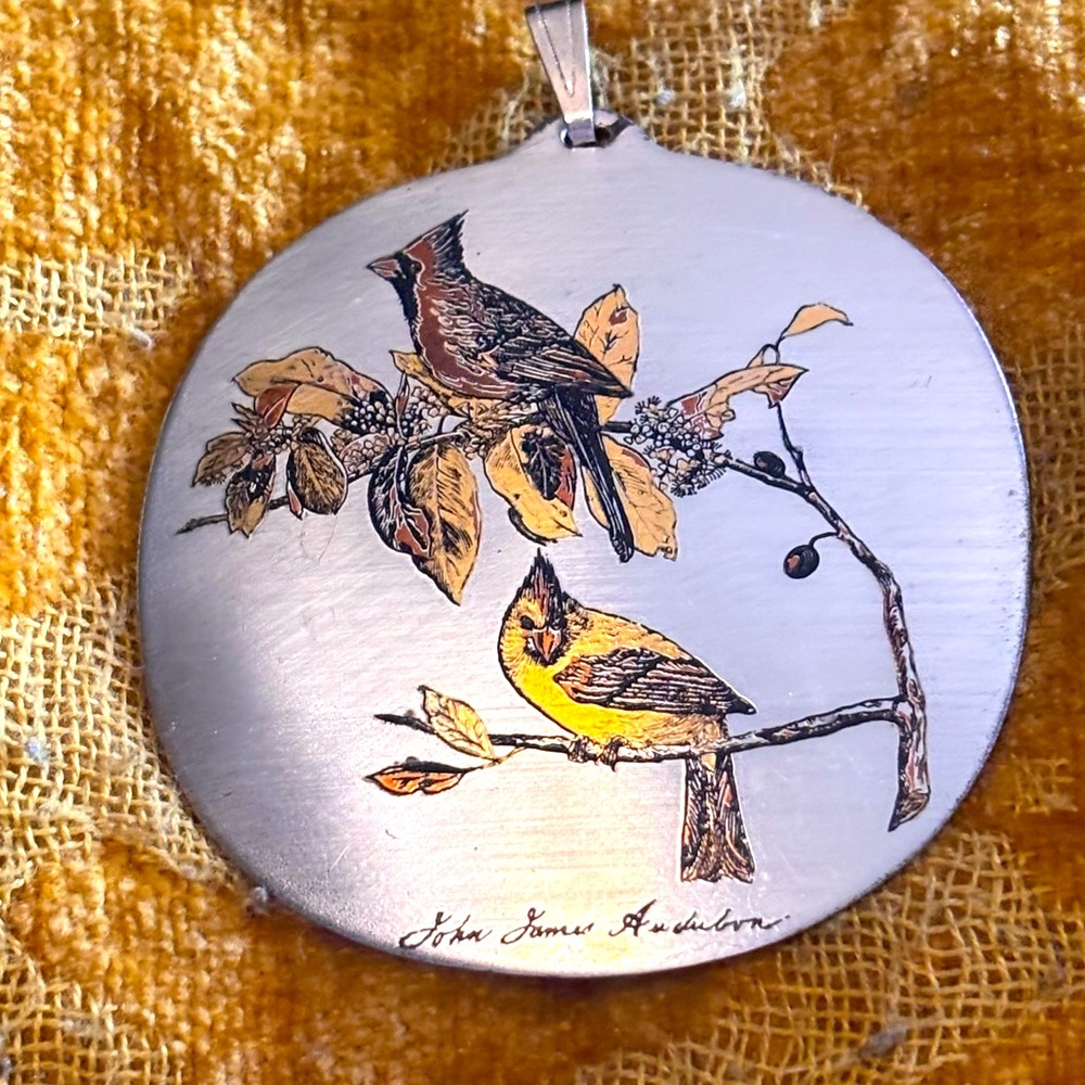 Reed & Barton Damascene Cardinals Pendant with silver and gold inlay, signed